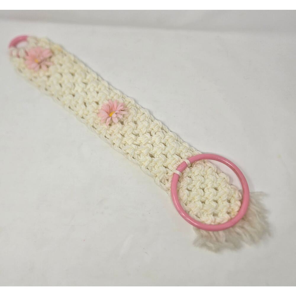 Macrame Handmade Decorative Vintage Towel Ring White Pink Floral Accent 21" x 4"